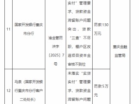 国家开发银行重庆市分行被罚130万元：因未落实“实贷实付”管理要求等违法违规行为