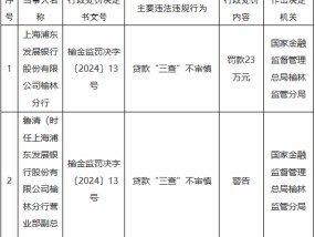 浦发银行榆林分行因贷款“三查”不审慎被罚23万元