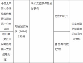 太保寿险南昌中心支公司被罚19万元：因未如实记录保险业务事项