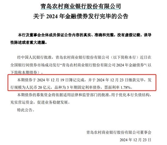 一周直降12个基点 青农商行3A评级金融债票面利率1.78% 商金债发行利率加速下行