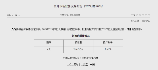 央行今日开展1577亿元7天期逆回购操作