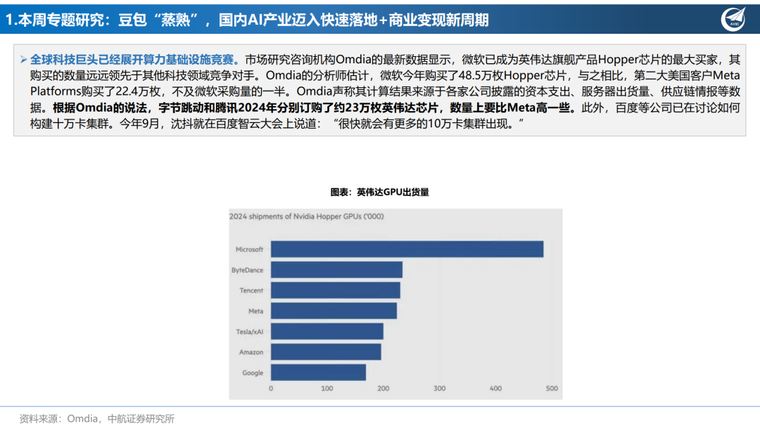 【中航先进制造行业周报】豆包“蒸熟”，国内AI产业迈入快速落地+商业变现新周期